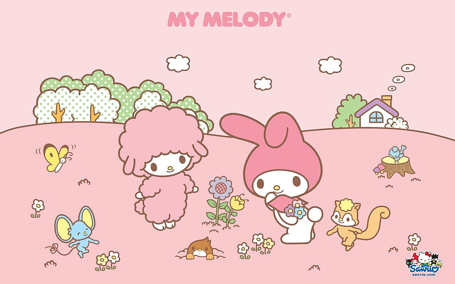 My Melody and Friends in a Pastoral Spring Landscape with Flowers and Animals HD wallpaper