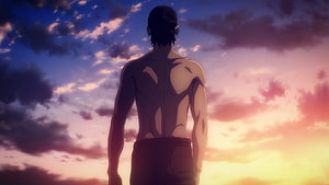 Eren Yeager Silhouette Standing Against Dramatic Sunset Sky in Attack on Titan Anime Scene HD wallpaper