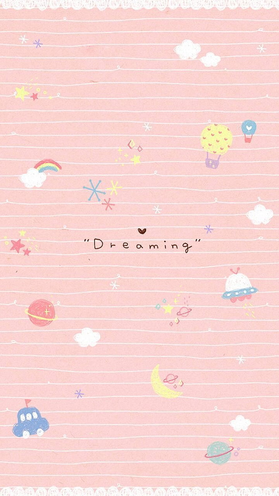 Cute Pastel Pink Dreaming Wallpaper with Whimsical Space and Cloud Illustrations HD phone wallpaper
