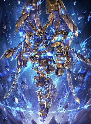 Unicorn Gundam Phenex in Golden Armor with Blue Energy Aura in Space HD phone wallpaper