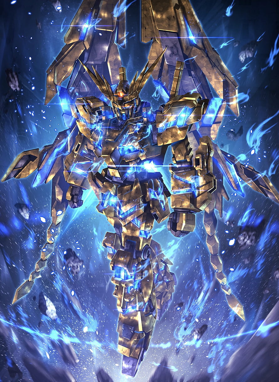 Unicorn Gundam Phenex in Golden Armor with Blue Energy Aura in Space HD phone wallpaper