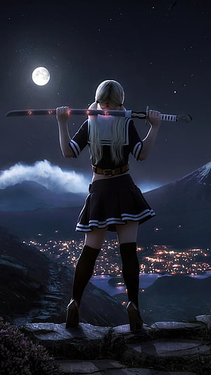 Anime Girl in Sailor Uniform Holding Katana on Moonlit Mountain Peak HD phone wallpaper