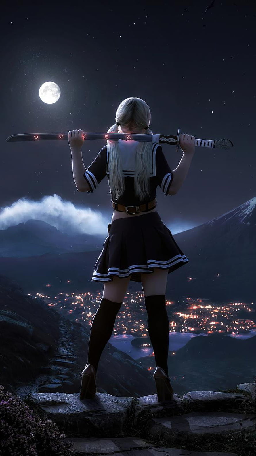 Anime Girl in Sailor Uniform Holding Katana on Moonlit Mountain Peak HD phone wallpaper