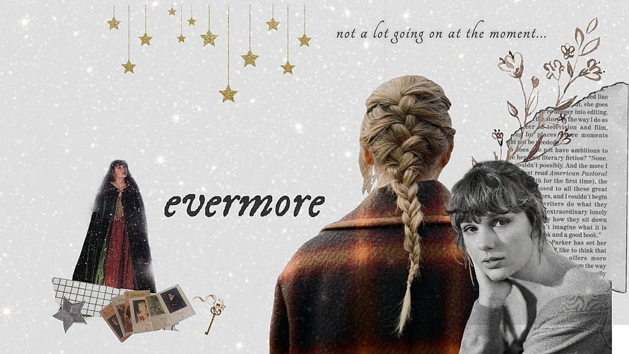 Taylor Swift Evermore Album Artwork Collage with Snowy Winter Theme and Vintage Postcards HD wallpaper