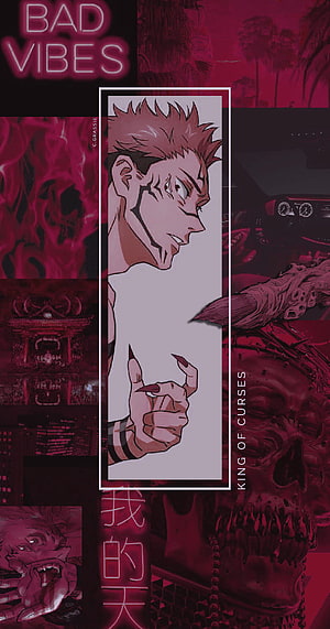Sukuna Aesthetic Collage with Dark Red Palette and Anime Character Art HD phone wallpaper