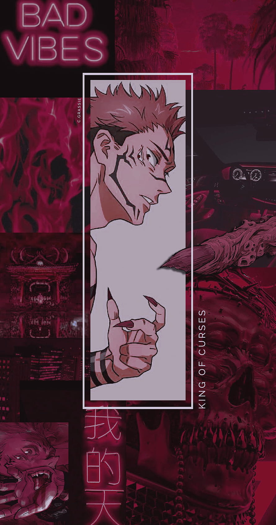 Sukuna Aesthetic Collage with Dark Red Palette and Anime Character Art HD phone wallpaper