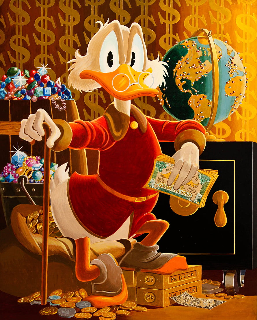 Scrooge McDuck Sitting on Treasure Hoard with Gold Bars and Money HD phone wallpaper