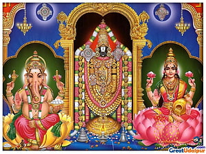 Ganesha and Lakshmi Flanking a Golden Panchayatnara Murti in Ornate Temple Setting HD wallpaper