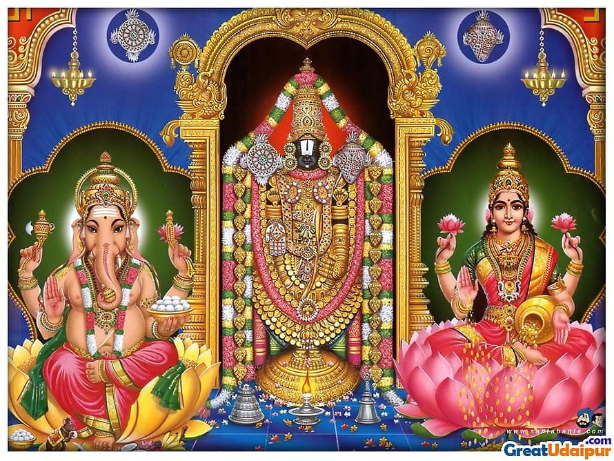 Ganesha and Lakshmi Flanking a Golden Panchayatnara Murti in Ornate Temple Setting HD wallpaper