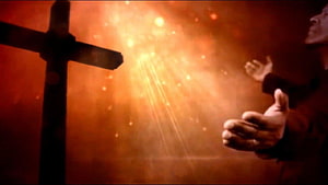 Dramatic Christian Scene with Cross and Reaching Hands in Golden Light HD wallpaper