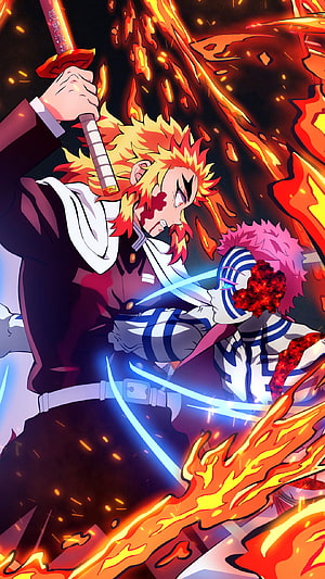 Demon Slayer Rengoku and Upper Rank Demon Intense Sword Fight Anime Wallpaper HD phone wallpaper