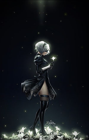 2B from NieR Automata Standing in a Field of White Lilies Under a Starry Night Sky HD phone wallpaper