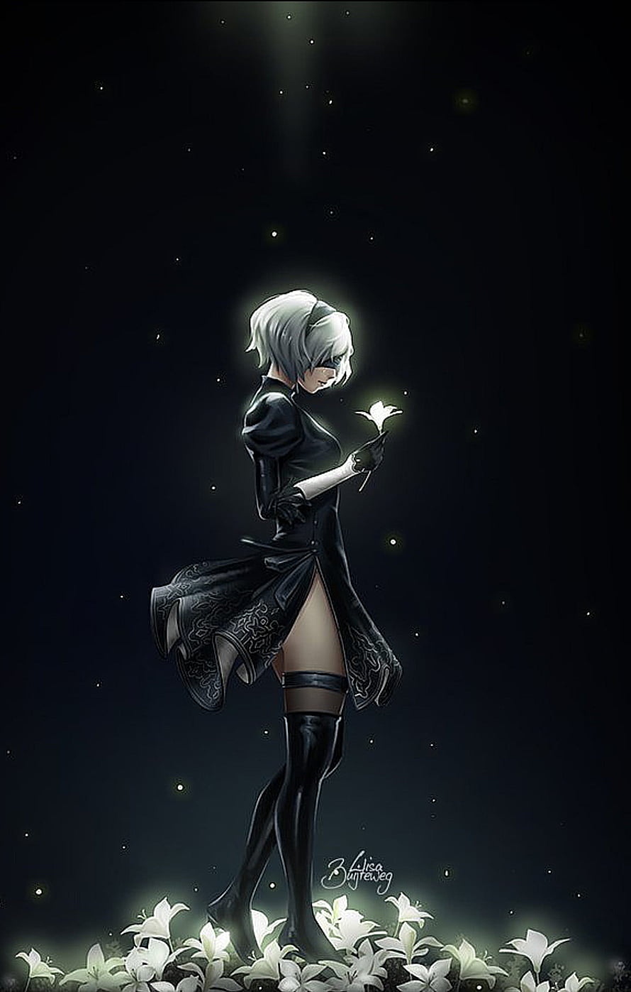 2B from NieR Automata Standing in a Field of White Lilies Under a Starry Night Sky HD phone wallpaper