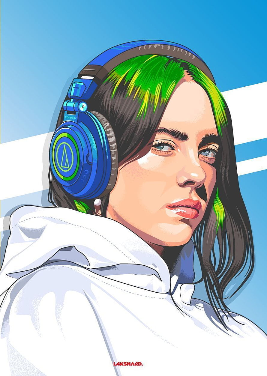 Billie Eilish Digital Portrait Wearing Blue Headphones and White Hoodie HD phone wallpaper