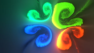 Vibrant Neon Fluid Simulation with Swirling Green Blue and Orange Ink Patterns HD wallpaper