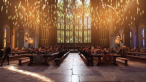 Hogwarts Legacy Great Hall with Floating Candles and Stained Glass Windows HD wallpaper