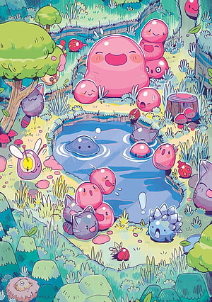 Slime Rancher Forest Pond Scene With Pink and Purple Slimes HD phone wallpaper