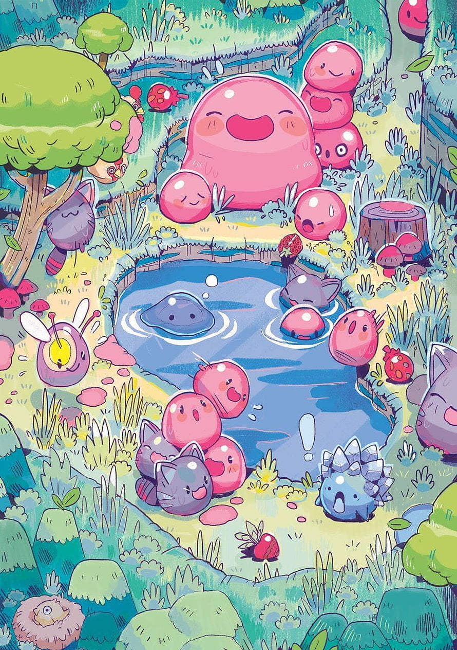 Slime Rancher Forest Pond Scene With Pink and Purple Slimes HD phone wallpaper
