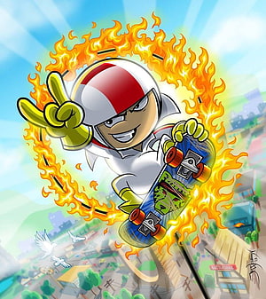 Kick Buttowski Skateboarding Through Flames in Cartoon Style HD phone wallpaper