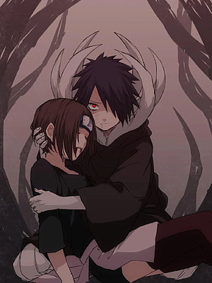 Obito and Rin Sharingan Embrace in Dark Forest Anime Fanart HD phone wallpaper