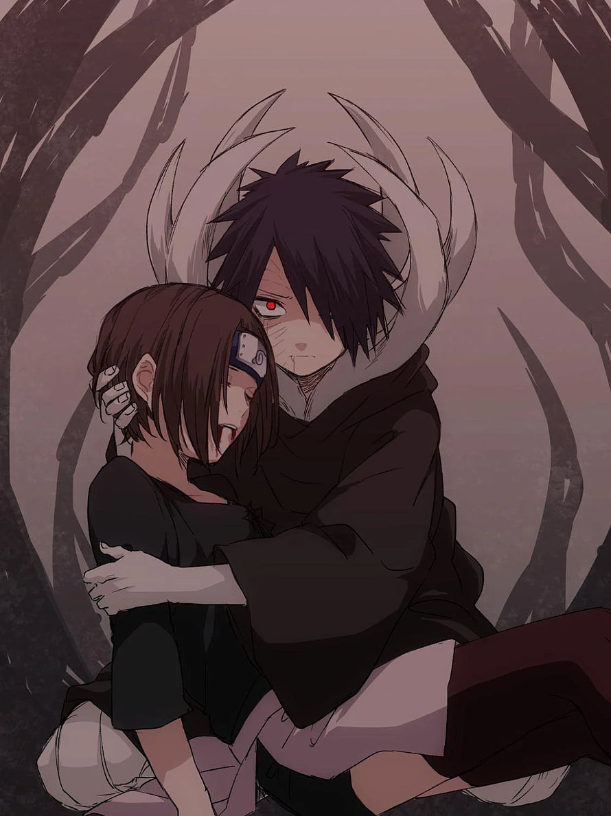 Obito and Rin Sharingan Embrace in Dark Forest Anime Fanart HD phone wallpaper
