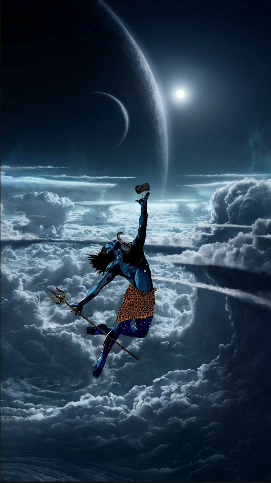 Mahadev Leaping Through Cosmic Clouds with Trident and Drum HD phone wallpaper