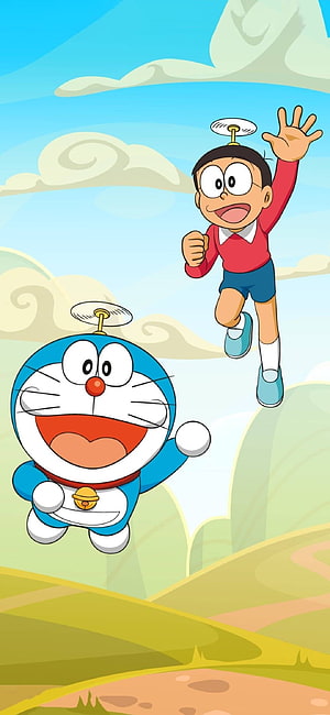 Doraemon and Nobita Flying Through the Sky with Propellers HD phone wallpaper
