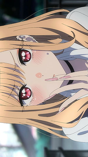 Marin Kitagawa Anime Close-Up Portrait with Blushing Expression and Red Eyes HD phone wallpaper
