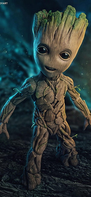 Baby Groot Character Portrait with Mossy Head and Wood Grain Texture in Dark Forest Setting HD phone wallpaper