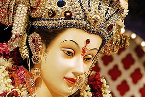 Maa Durga Divine Idol Adorned With Jewels And Floral Garlands HD wallpaper