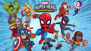 Marvel Super Hero Adventures Team-Up Poster Featuring Spider-Man, Iron Man, Thor, and Captain America HD wallpaper