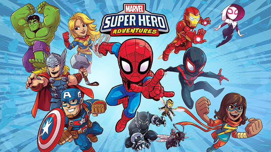 Marvel Super Hero Adventures Team-Up Poster Featuring Spider-Man, Iron Man, Thor, and Captain America HD wallpaper