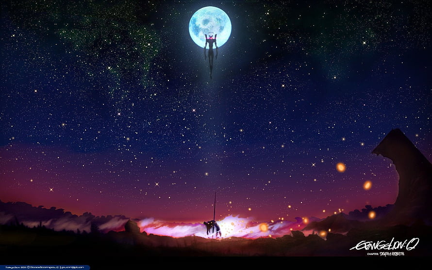 Neon Genesis Evangelion Night Sky Scene with Moon and Silhouette HD wallpaper