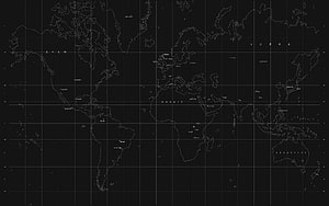 Minimalist Black World Map with Grid Lines and Geographic Labels HD wallpaper