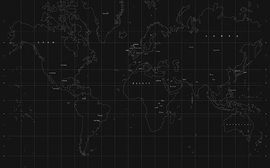 Minimalist Black World Map with Grid Lines and Geographic Labels HD wallpaper