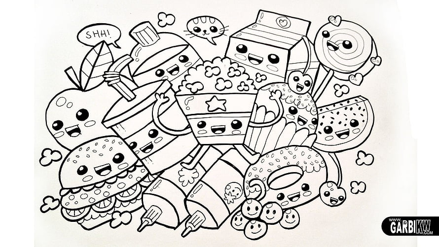 Cute Kawaii Food Items Coloring Page for Kids and Adults HD wallpaper
