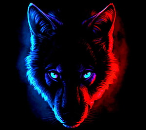Neon Wolf Portrait with Cyan and Red Lighting on Black Background HD wallpaper