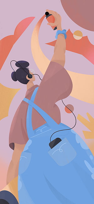 Stylized Illustration of a Woman in Overalls Wearing Headphones and Holding a Spray Can, Google Pixel 6 Pro HD phone wallpaper