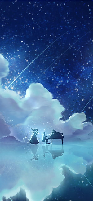 Your Lie in April Silhouette Duo Playing Piano and Violin Under Starry Night Sky HD phone wallpaper