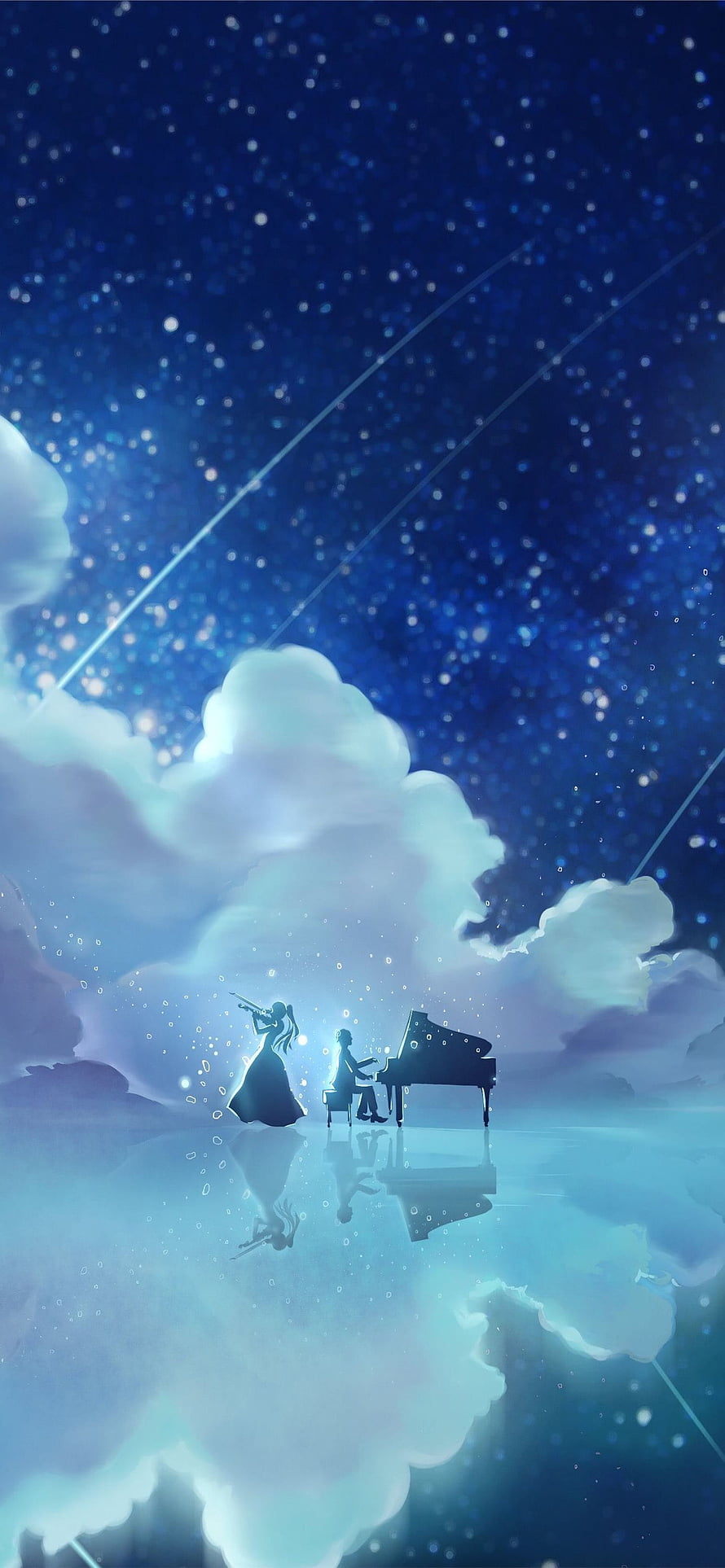 Your Lie in April Silhouette Duo Playing Piano and Violin Under Starry Night Sky HD phone wallpaper