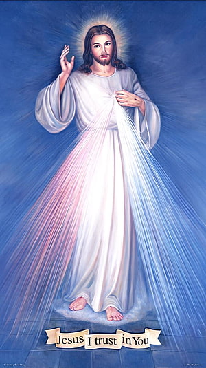 Divine Mercy Jesus with Sacred Heart and Radiant Light on Blue Background HD phone wallpaper