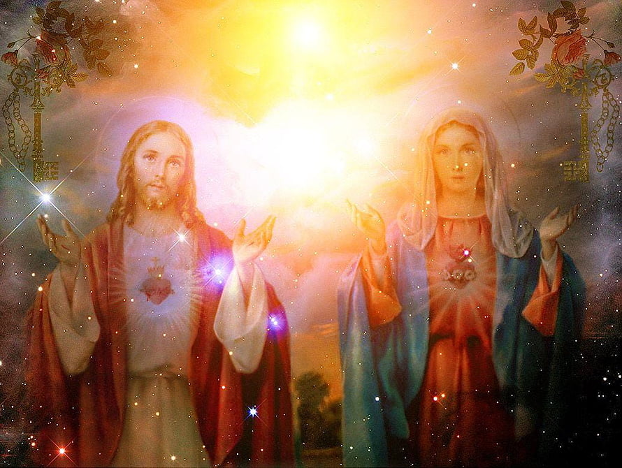 Sacred Heart of Jesus and Immaculate Heart of Mary in Divine Light HD wallpaper