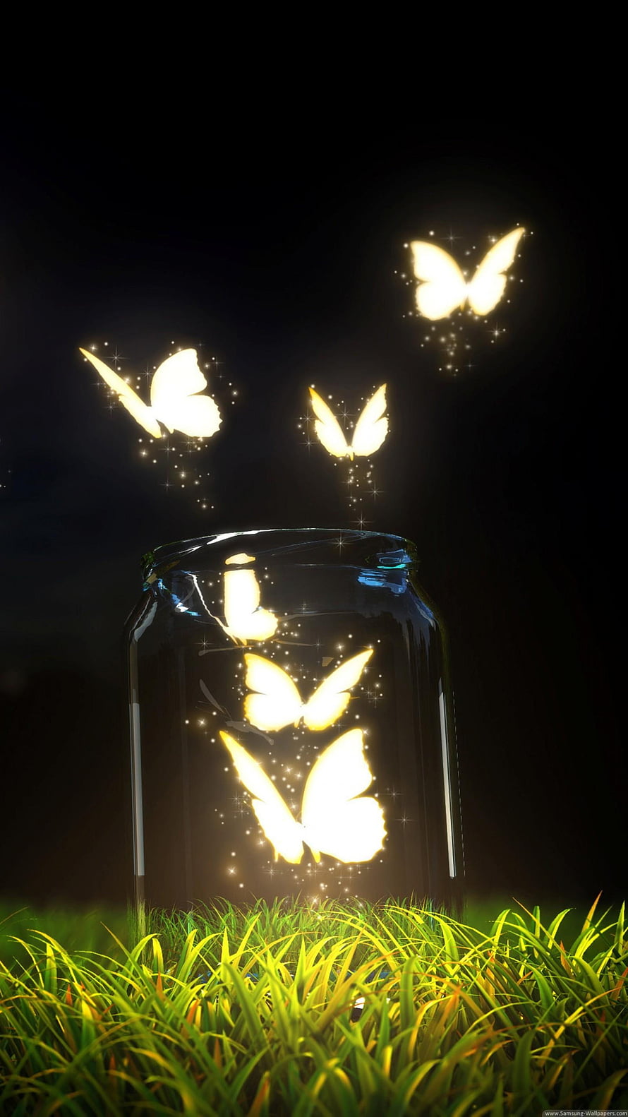 Glowing Fireflies in a Glass Jar on a Grassy Field at Night HD phone wallpaper