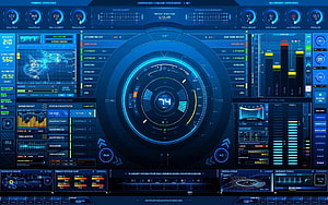 Futuristic Sci-Fi Spaceship Cockpit HUD Interface with Blue Digital Data Displays HD wallpaper