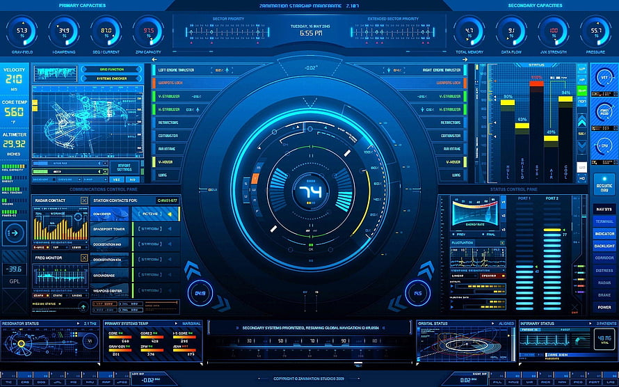 Futuristic Sci-Fi Spaceship Cockpit HUD Interface with Blue Digital Data Displays HD wallpaper