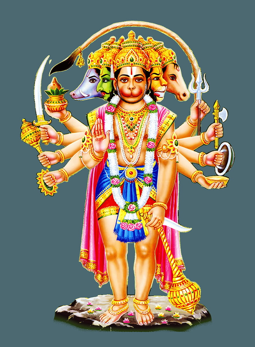 Five-Headed Hanuman Deity Illustration with Traditional Weapons and Ornate Jewelry HD phone wallpaper