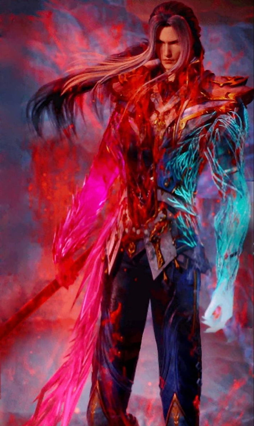 Tang San Fantasy Warrior with Dual Energy Aura and Ornate Armor HD phone wallpaper