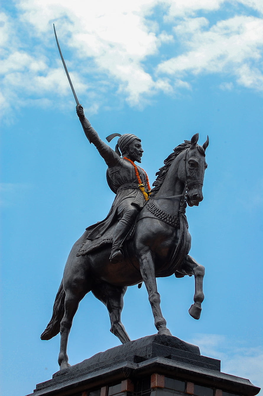 Shivaji Maharaj Equestrian Statue Holding Sword Against Blue Sky HD phone wallpaper