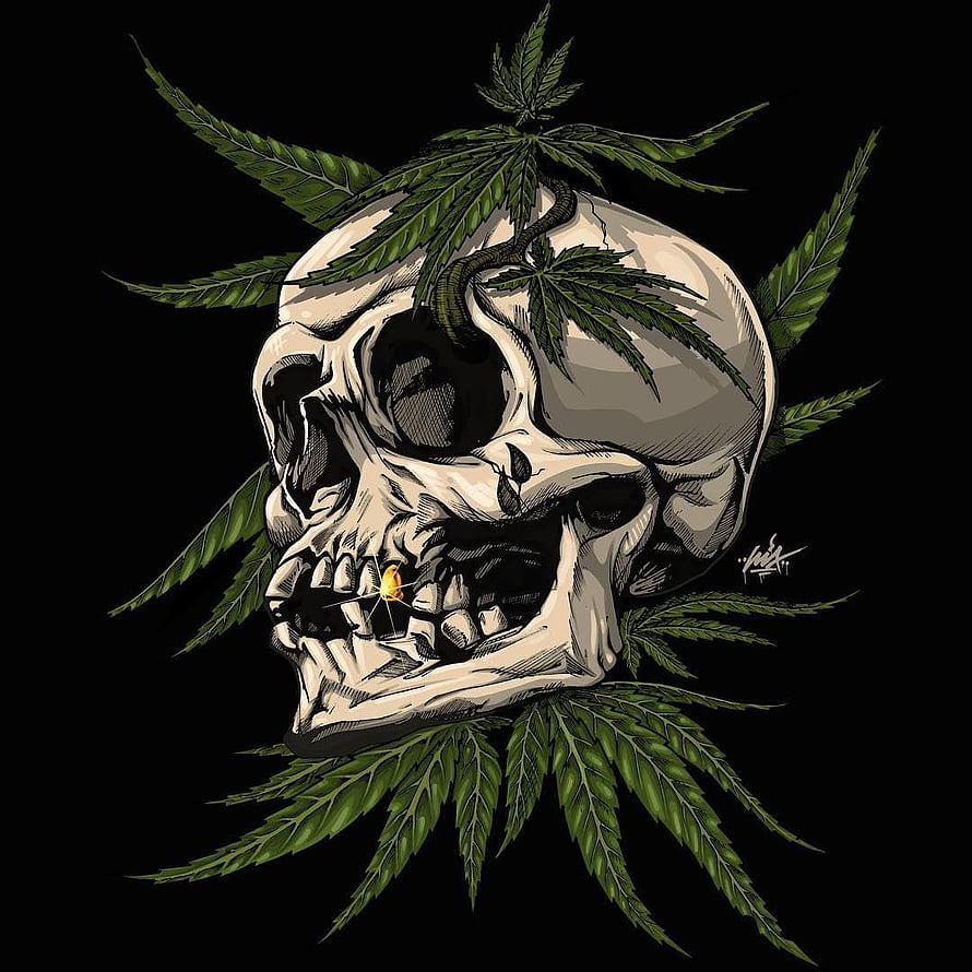 Cannabis Skull Illustration with Joint and Green Leaves on Black Background HD phone wallpaper