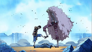 One Piece Luffy and Doflamingo Confrontation in Rainy Ruins HD wallpaper
